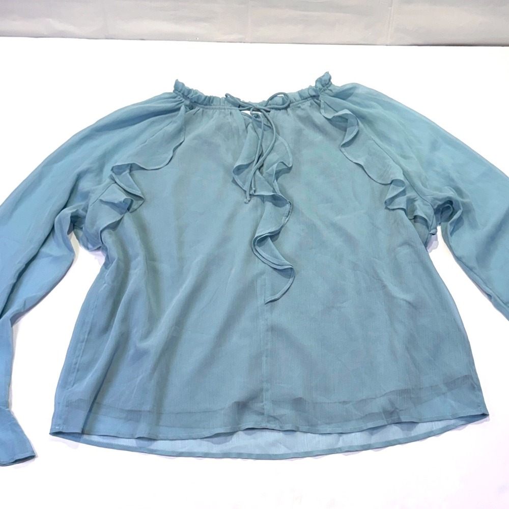Time and Tru Womens Blue Ruffle Long Sleeve Sheer Blouse Medium 1201A2